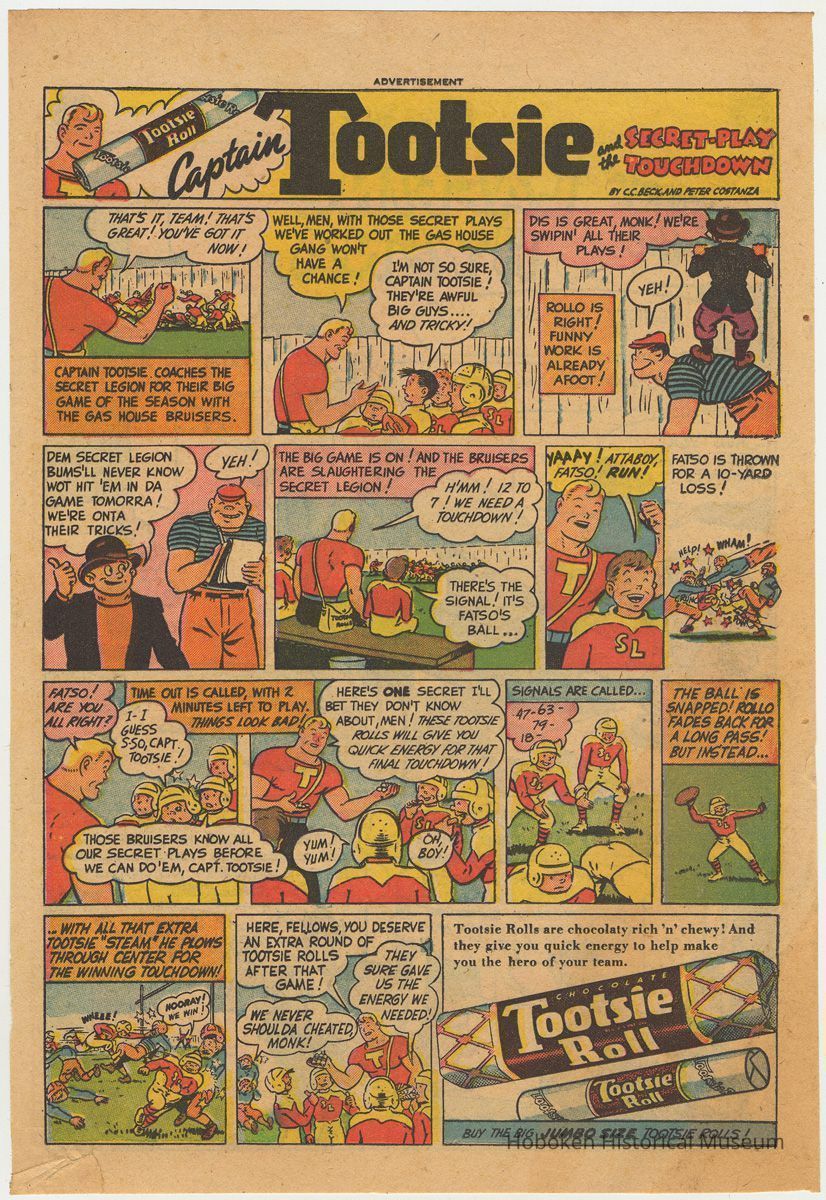 Ad, Tootsie Roll: Captain Tootsie & the Secret-Play Touchdown. (Sweets Co. of America, Hoboken); Funny Stuff #27, Nov. 1944. picture number 1