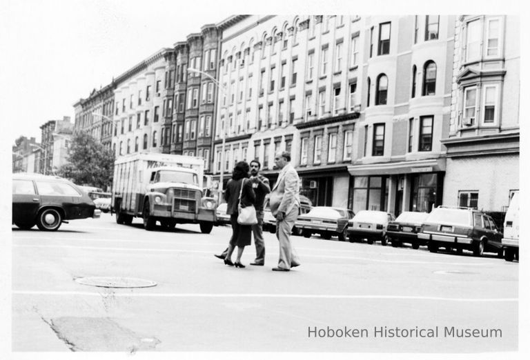 B+W photo of mayoral candidate Tom Vezzetti campaigning at Twelfth & Washington Sts., Hoboken, no date, ca. June 1985. picture number 1