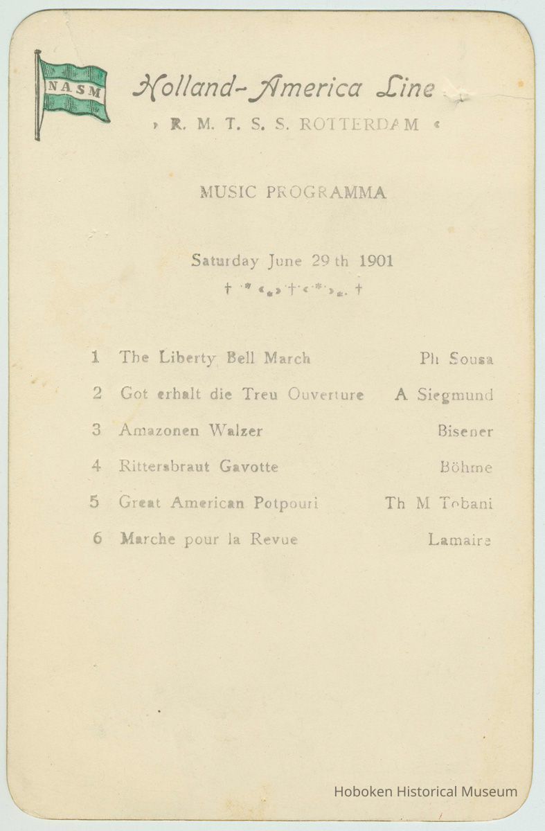 Program from the S.S. Rotterdam, Holland-America Line, Music Programma, Sat., June 29th, 1901. picture number 1