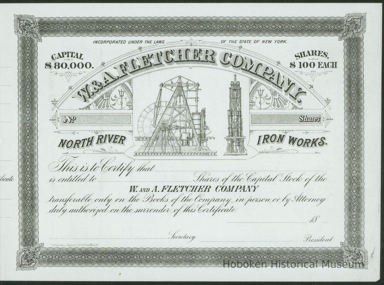 Digital image of photo of W.& A. Fletcher Company stock certificate, North River Iron Works, New York, no date, original not later than 1890. picture number 1