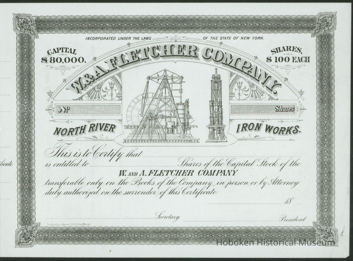 Digital image of photo of W.& A. Fletcher Company stock certificate, North River Iron Works, New York, no date, original not later than 1890. picture number 1