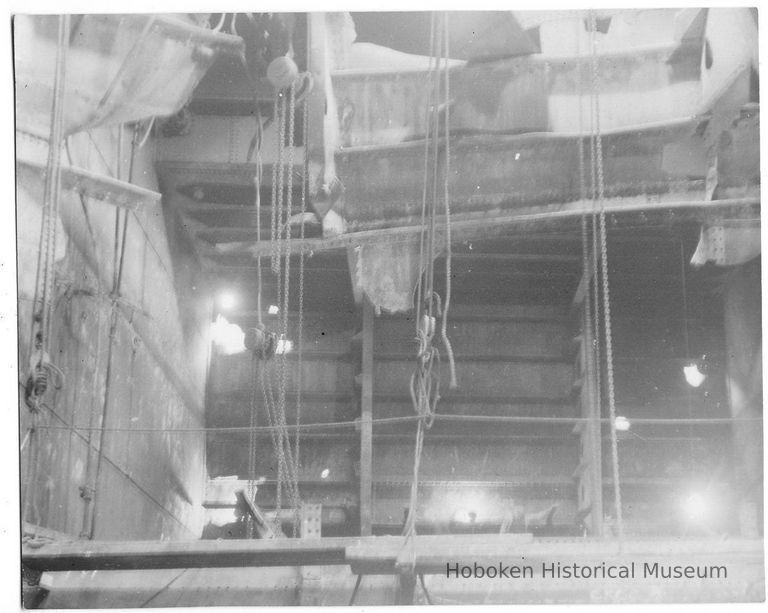 B+W photo of interior view of structural repairs underway on unidentified vessel at Bethlehem Steel Shipyard, Hoboken, no date, ca. 1940. picture number 1