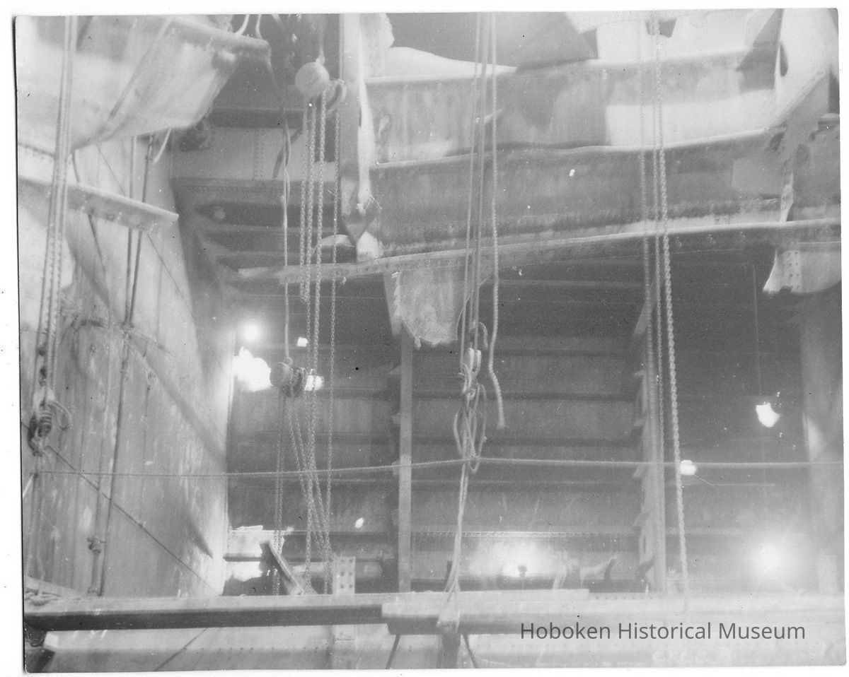 B+W photo of interior view of structural repairs underway on unidentified vessel at Bethlehem Steel Shipyard, Hoboken, no date, ca. 1940. picture number 1