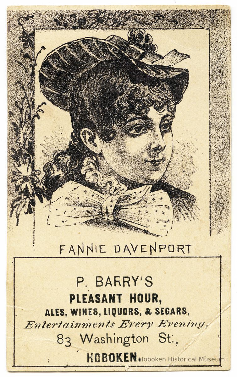 Fannie Davenport card imprinted for Hoboken saloon