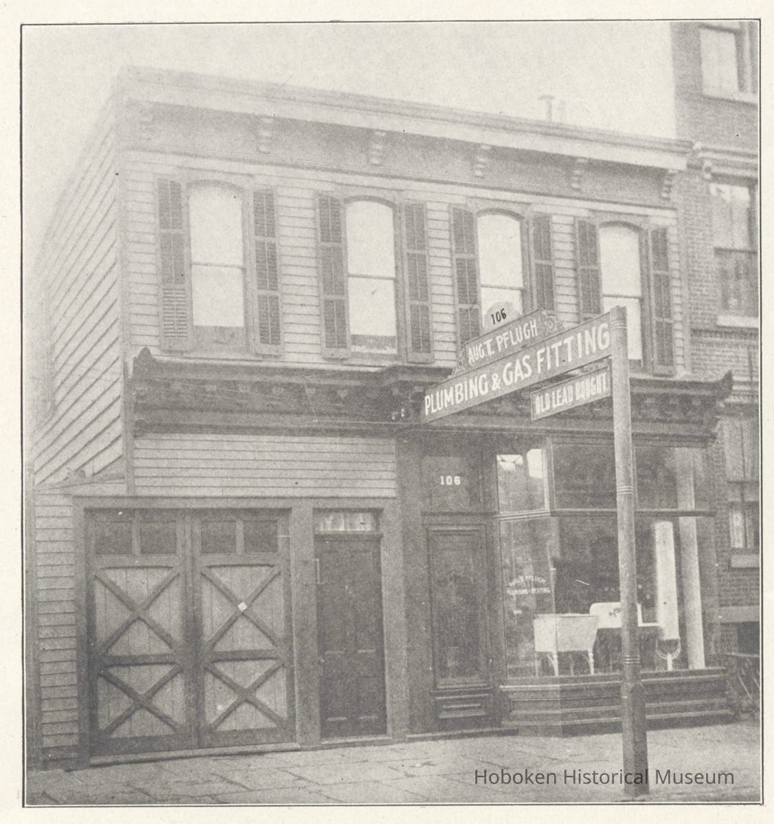 Printed B+W photograph of August T. Pflugh, plumbing, 104-106 Adams Street, Hoboken, no date, ca. 1906-1908. picture number 1