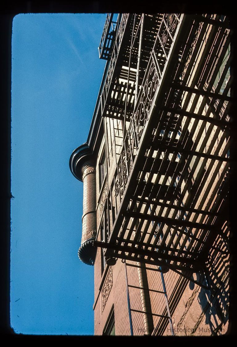 Color slide of detail view of fire escape and side façade at 801 Washington on the NE corner of Washington and 8th picture number 1