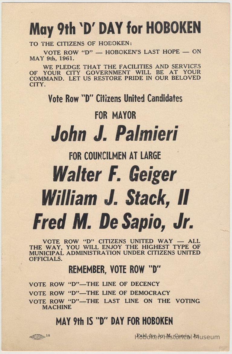 Digital image of handbill promoting Citizens United election slate for mayor, John J. Palmieri, and 3 councilmen-at-large candidates, Hoboken, 1961. picture number 1