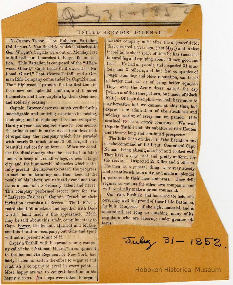 Digital image of July 31,1862 newsclipping re The Hoboken Battalion, Colonel Lucius A. Van Buskirk. United Service Journal, July 31, 1852. picture number 1