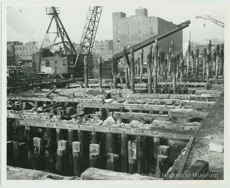 B+W photo of the construction of Pier 5 (formerly Pier 14) at the Bethlehem Steel Shipyard, Hoboken Division, Nov. 27, 1957. picture number 1