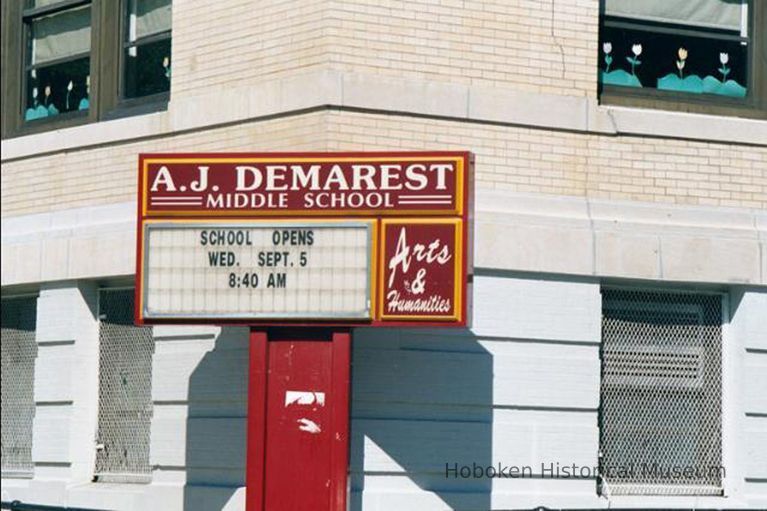 Color photo of A.J. Demarest Middle School sign at the corner of Garden and Fourth Sts., Hoboken, Sept., 1-5, 2001. picture number 1