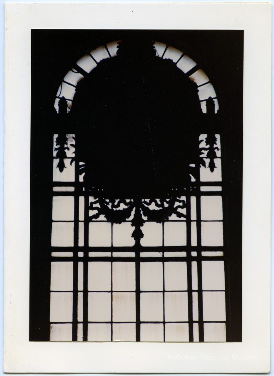 Notecard, photo: Hoboken Terminal [clock inside Waiting Room, Lackawanna Terminal.] Copyright 1981 photo by J.S. Watson. Watson Card Co., Hoboken, N.J. picture number 1