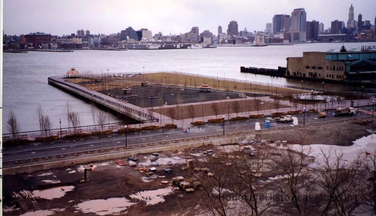 Color photo of an elevated view of construction progress of Pier A Park, Hoboken, 1999. picture number 1