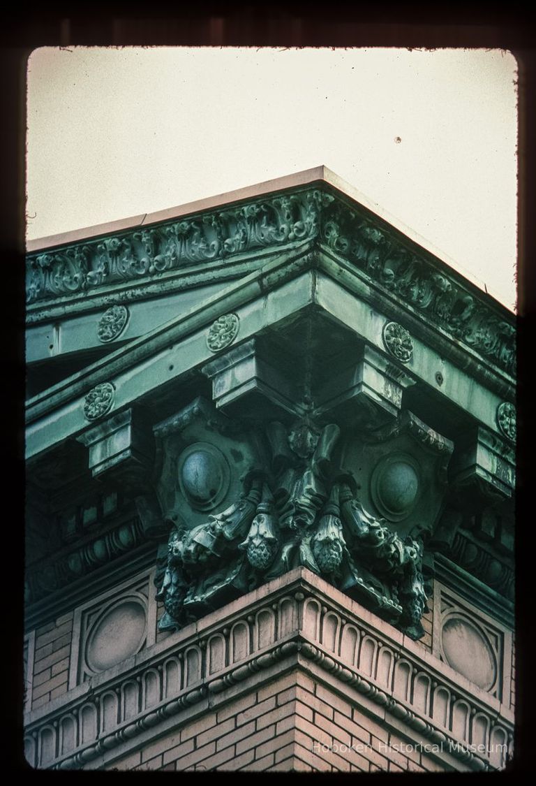 Color slide of detail view of cornice, pediment, dentils and frieze at 1305 Bloomfield on the NE corner with 13th picture number 1