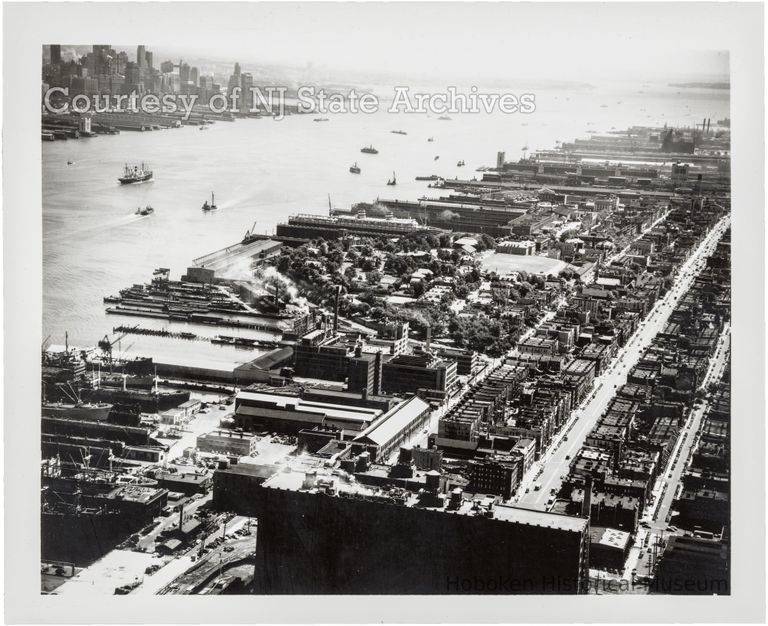 image Lipton Tea building aerial view of Hoboken waterfront, July 20, 1951; Copyright: NJ State Archives