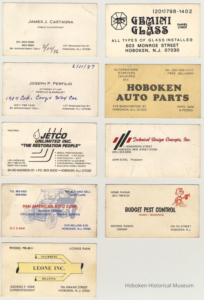Business cards, 9, from Hoboken businesses or professionals, circa 1980s with four dated. picture number 1