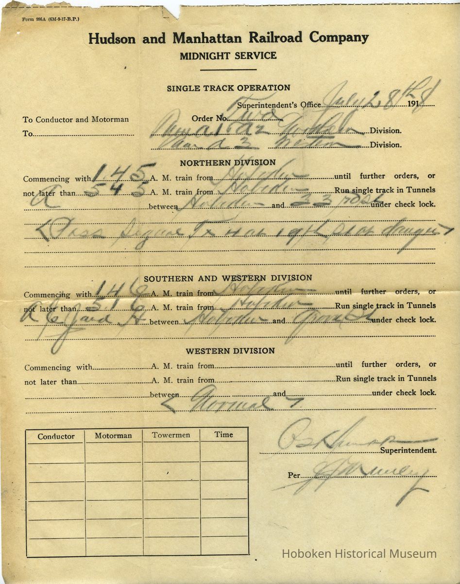 1: Midnight Service, Single Track Operation, July 28, 1918; carbon copy