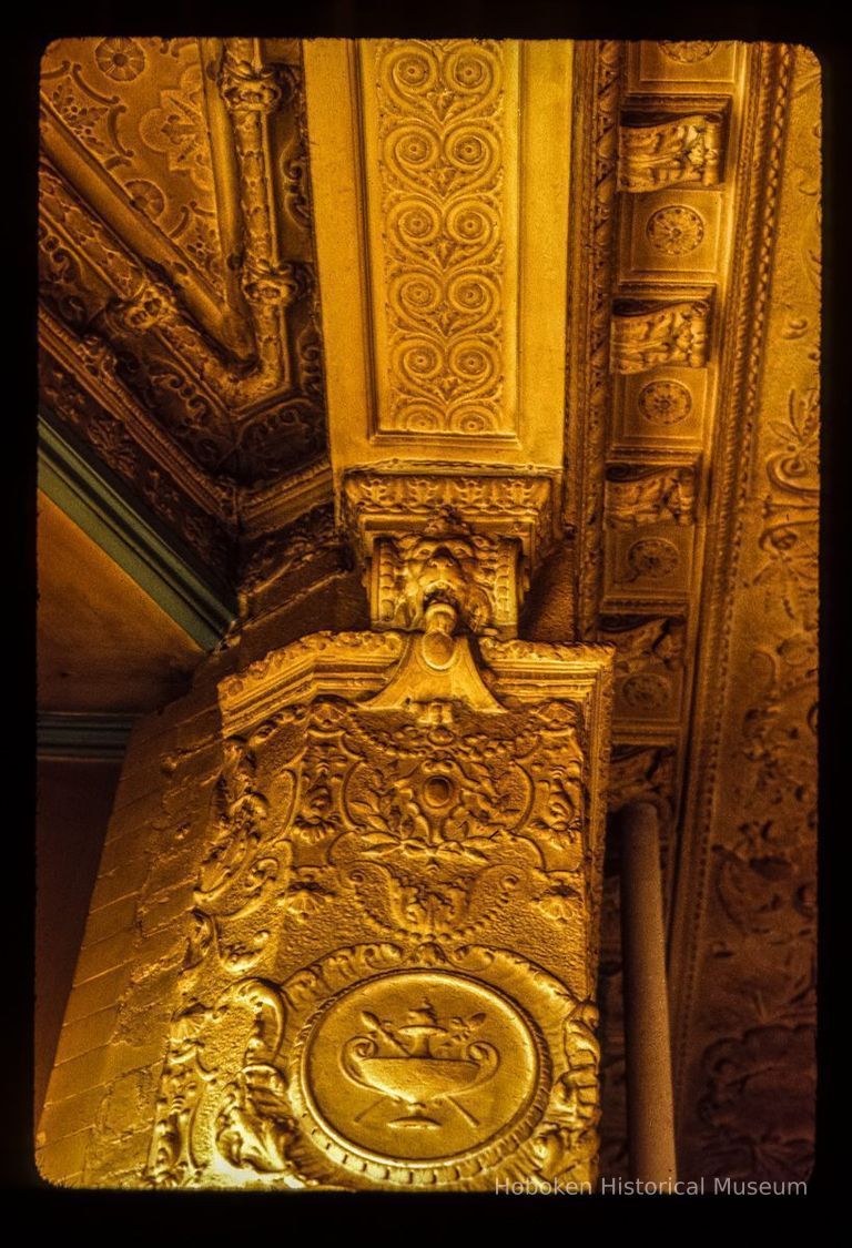 Color slide of detail view of interior wall and ceiling ornamental designs in the Elysian Café at 1001 Washington. picture number 1