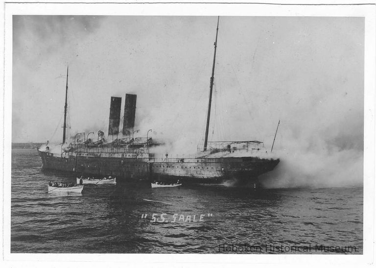 B+W photo of the S.S. Saale with an onboard fire; lifeboats in water, near Hoboken, no date [1900]. picture number 1