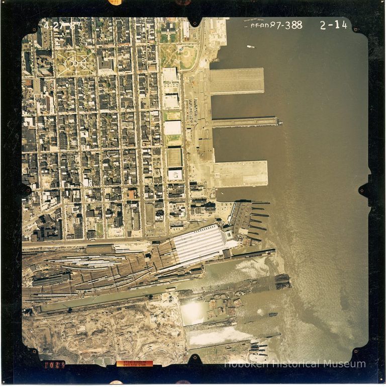 Color aerial photo of Hoboken from Clinton Street to the waterfront; Newport, Jersey City to 6th Street, April 27,1987. picture number 1