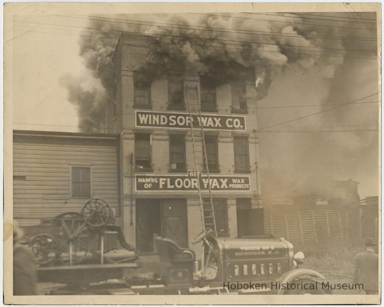 B+W photo of Windsor Wax Co. building fire, 617 Newark St., Hoboken, n.d., ca. 1932-1937. picture number 1