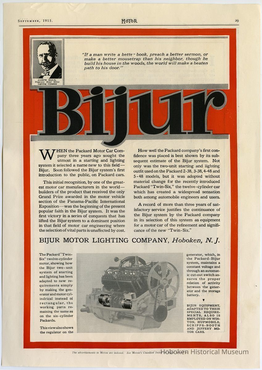 Bijur Motor Lighting Co. ad, Motor, September 1915