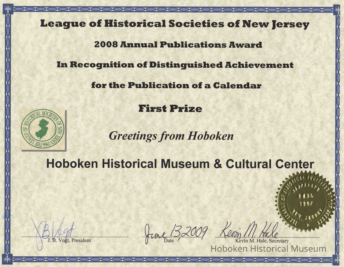 certificate 1: First Prize, Calendar 2009, Greetings from Hoboken