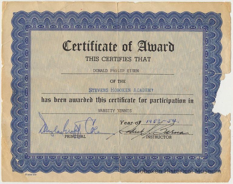 Certificate of award to Donald Philip Eisen, Stevens Hoboken Academy, for participation in varsity tennis, 1953-1954. picture number 1