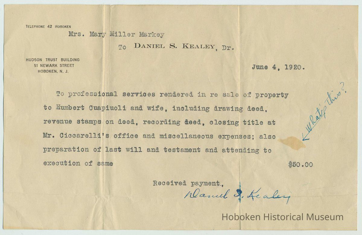Receipt for Mrs. Mary Miller Markey from Daniel S. Kealey for professional services rendered, June 4, 1920. picture number 1
