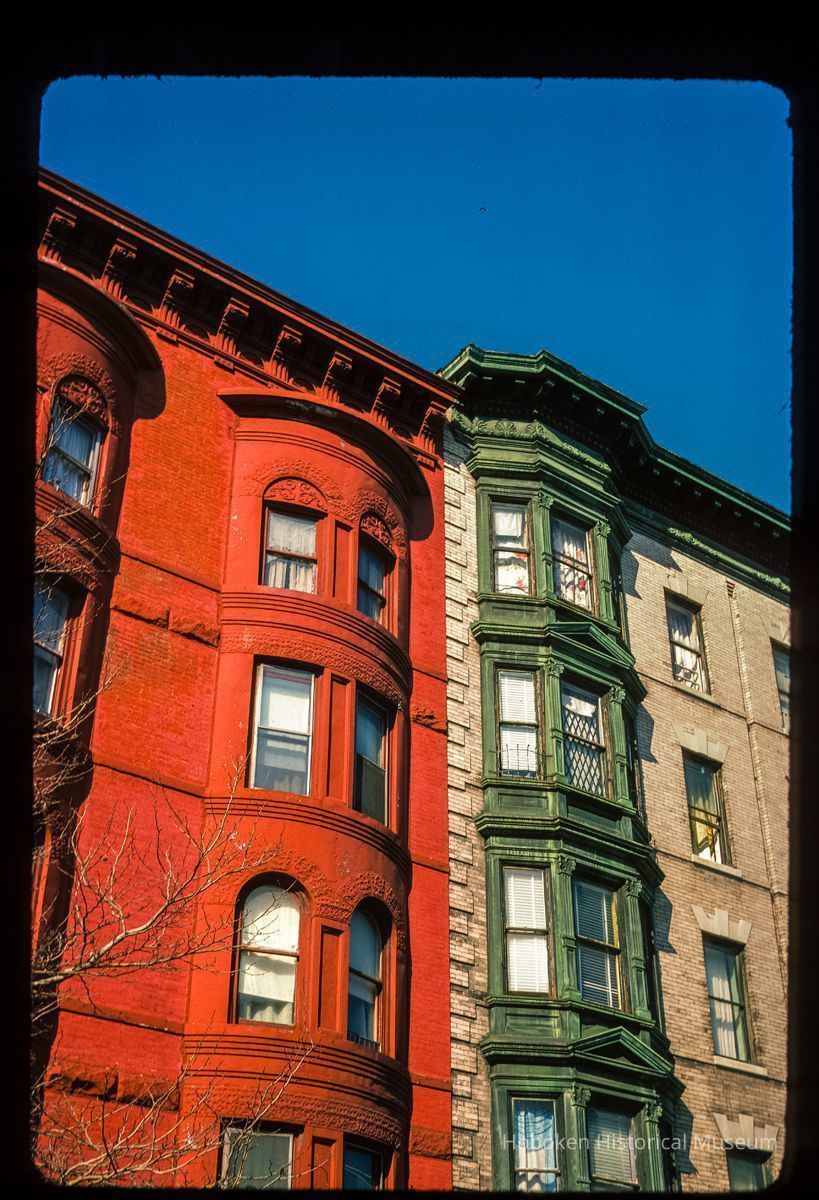 Color slide of eye-level view of cornices, brackets and bay windows on 1226 Washington and the adjecent building on the SW corner of Washington and 13th picture number 1