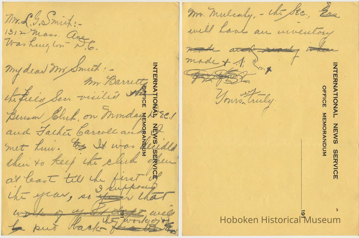 Draft letter by Mrs. Mary H. Markey to L.G. Smith, Washington, D.C., undated, circa early December, 1919, re visit by Mr. Barrett to the Admiral Benson Club, Hoboken; decision to keep club open until first of the year. picture number 1