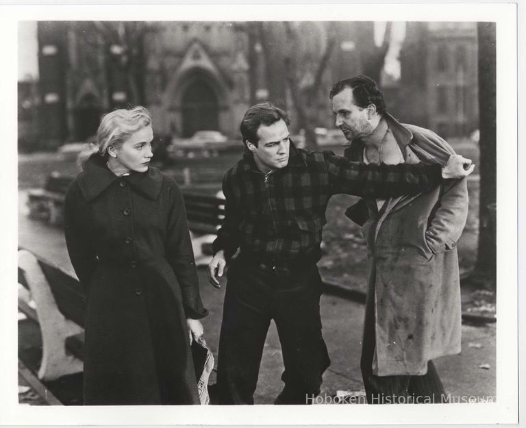 B+W publicity photo of Marlon Brando as Terry Malloy with Eva Marie Saint as Edie Doyle in film 