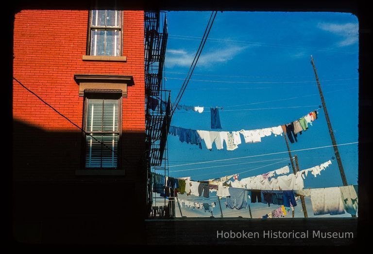 Color slide of detail view of back façade and fire escape at 801 Willow showing clotheslines picture number 1