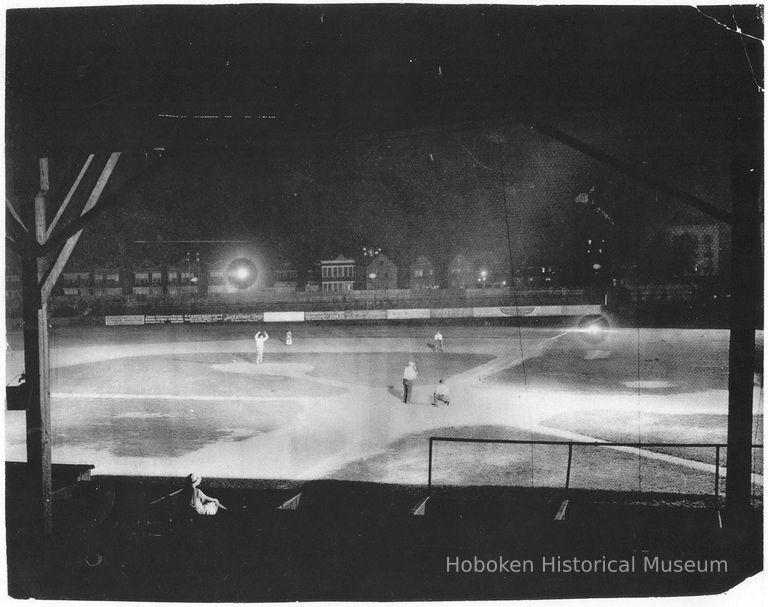 B+W photocopy of photo of baseball played at night, no place, no date, ca. 1925-1935. picture number 1