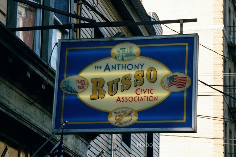 Color photo of hanging sign for The Anthony Russo Civic Association, 420 Adams St., Hoboken, Jan. 3 & 4, 2002. picture number 1