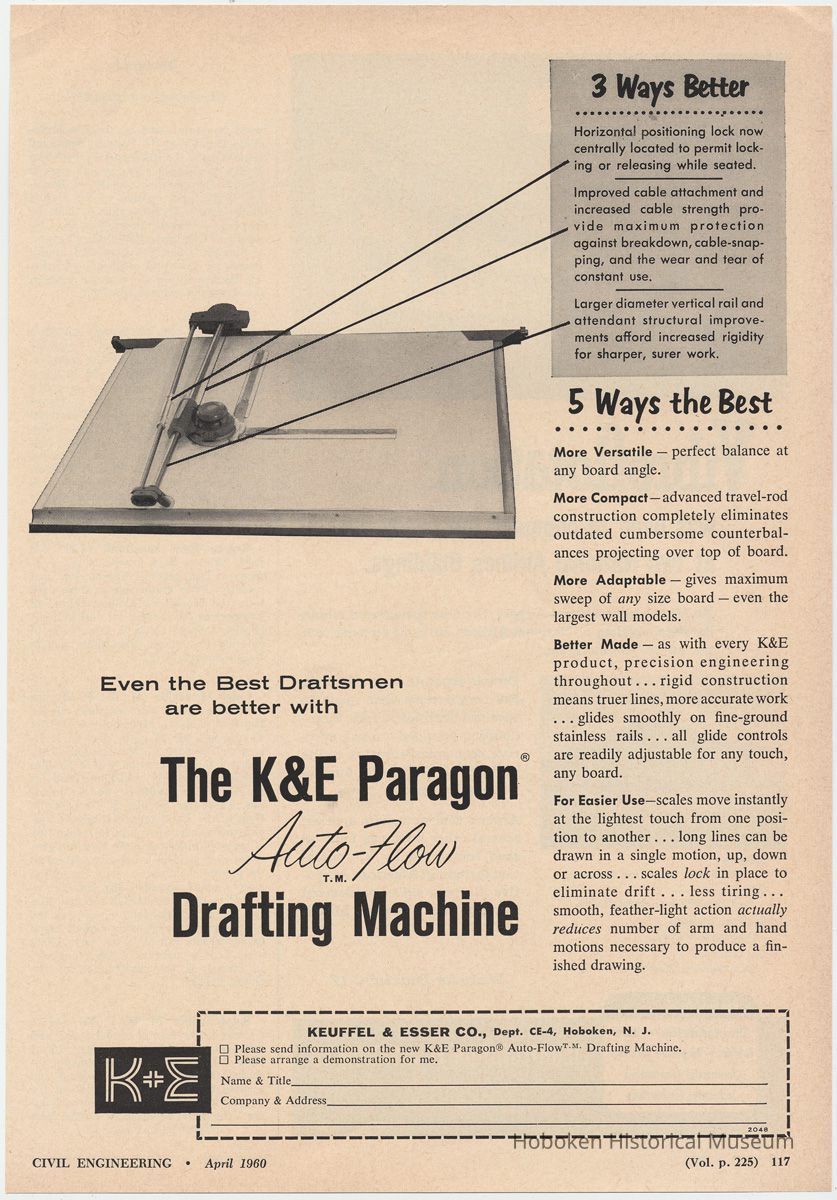 Ad for K&E Paragon Auto-Flow Drafting Machine; Civil Engineering, April 1960. picture number 1