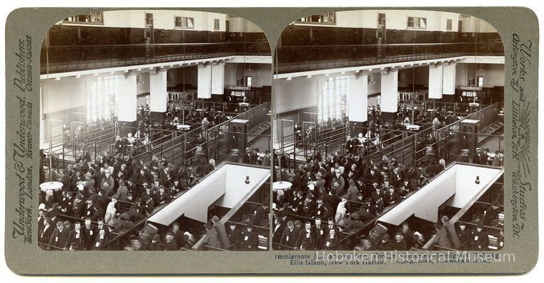 stereocard: interior Immigrant Building, Ellis Island