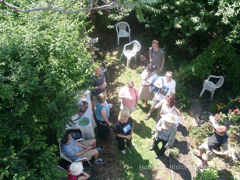 Digital color image of the gardens and people on the Secret Gardens Tour, Hoboken Historical Museum, Hoboken, June 9, 2002. picture number 1