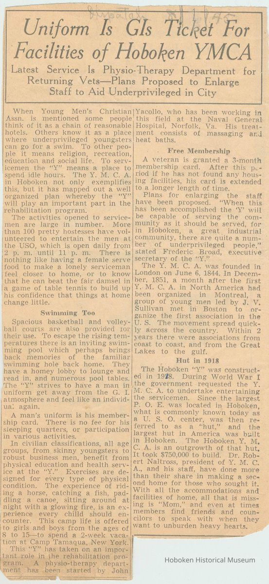 Newspaper clipping: Uniform is GIs Ticket for Facilities of Hoboken YMCA. Hudson Dispatch, August 1, 1945. picture number 1