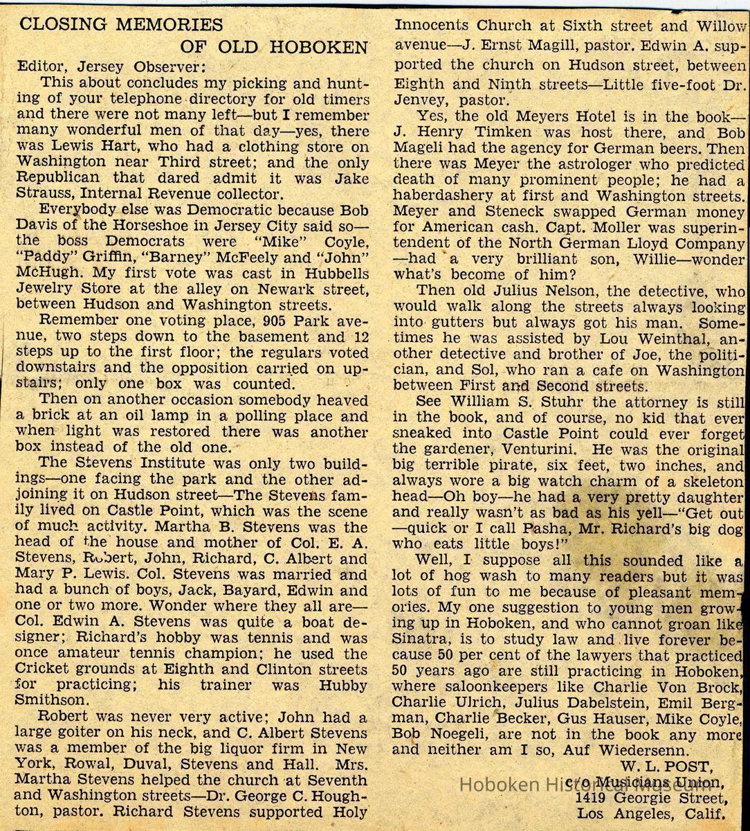 Digital images of newsclipping: Closing Memories of Hoboken. Jersey Observer, no date, ca. 1945-1952. picture number 1