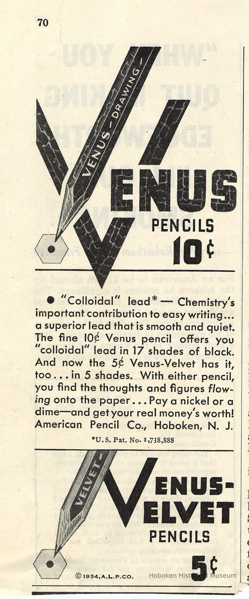 Advertisement for Venus Pencils, American Pencil Company, Hoboken. No date, copyright is 