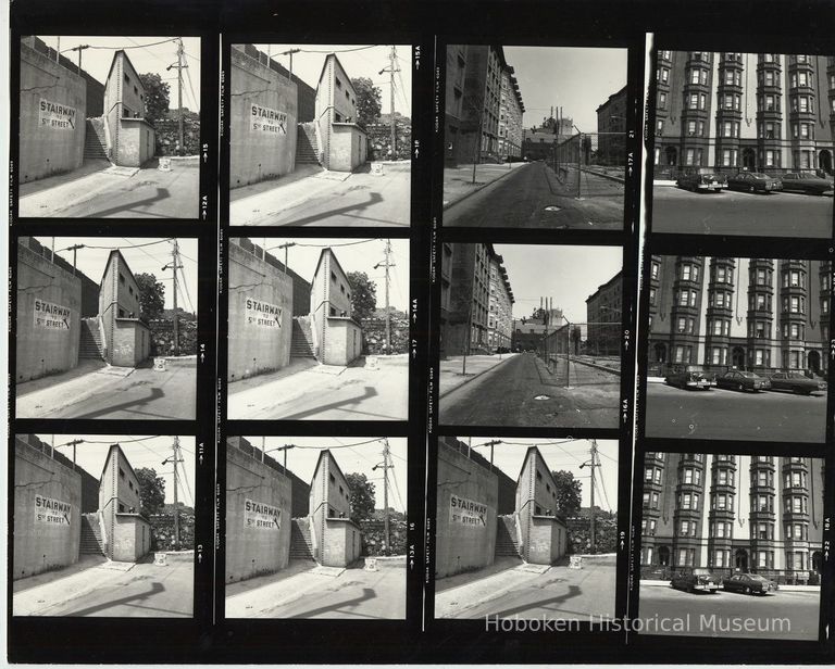 B+W negative contact sheet of images of Hoboken taken by John Conn. no date, [1976]. picture number 1