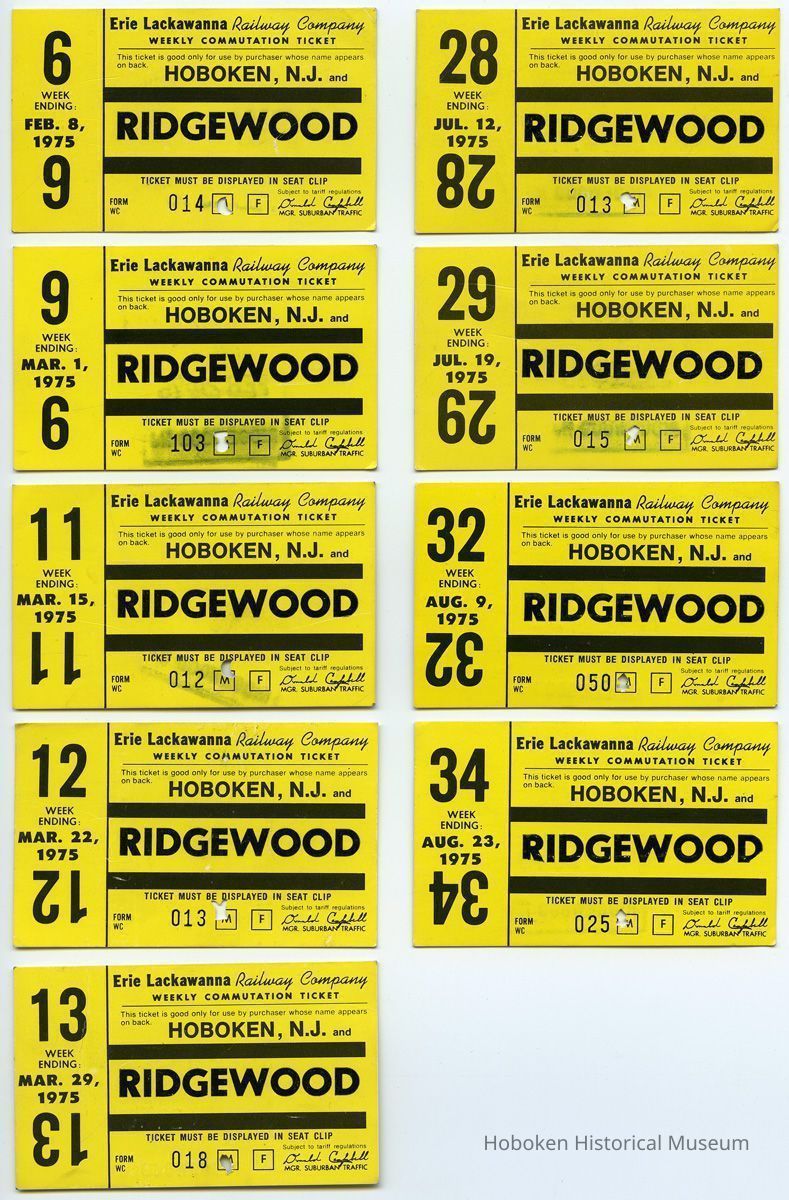 nine 1975 Erie Lackawanna Railway weekly commutation tickets