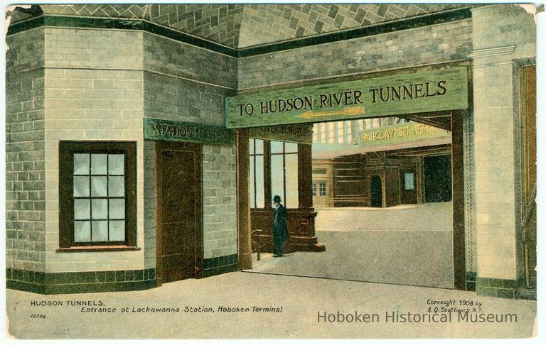 Digital image of Hudson & Manhattan R.R. postcard titled: Hudson Tunnels, Entrance at Lackawanna Station, Hoboken Terminal. 1908. Courtesy of Leon Yo picture number 1