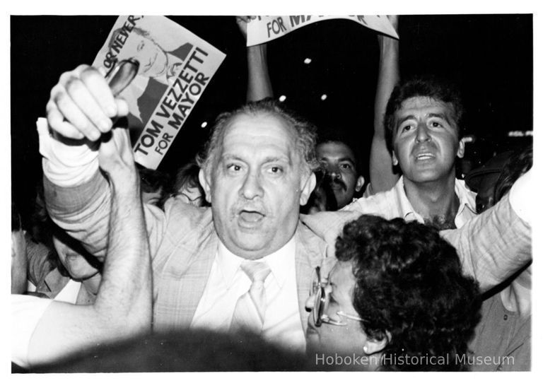 B+W photo of Tom Vezzetti with supporters on election night, Hoboken, [June 11, 1985]. picture number 1