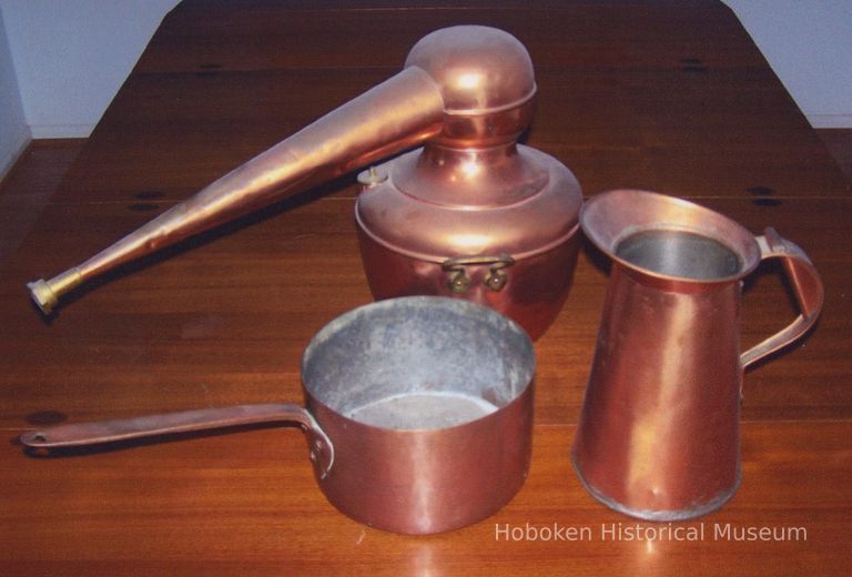 photo 1: S. Fisher & Co. copper candy making utensils: pitcher, pot, retort