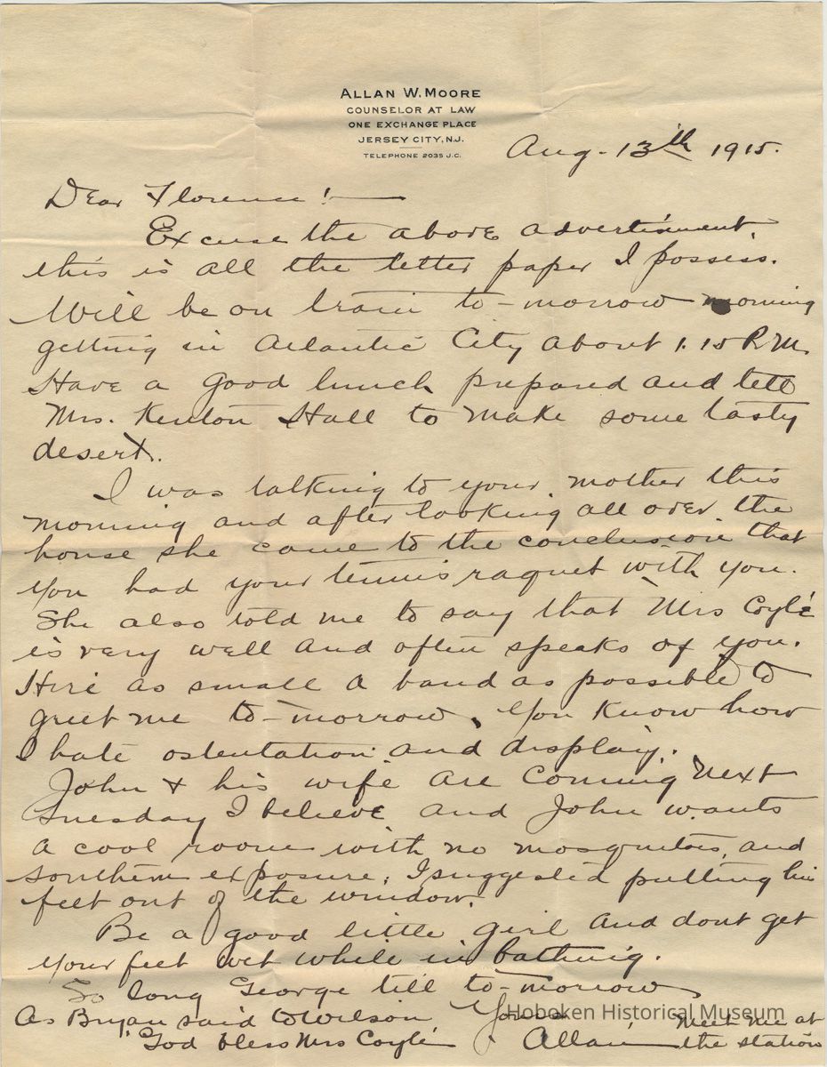 ALS to Florence Miller from Allan W. Moore, both Hoboken residents, August 13, 1915. picture number 1
