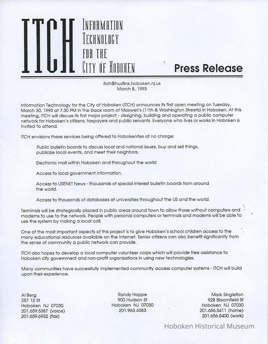 Press release: ITCH (Information Technology for the City of Hoboken) 1993