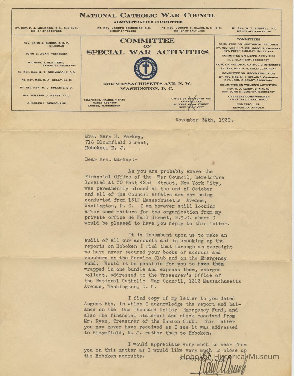TLS Edward Arnold, Comptroller, National Catholic War Council to Mrs. Mary H. Markey, Nov. 24, 1920 re records need for audit of Admiral Benson Club & Emergency Fund. picture number 1