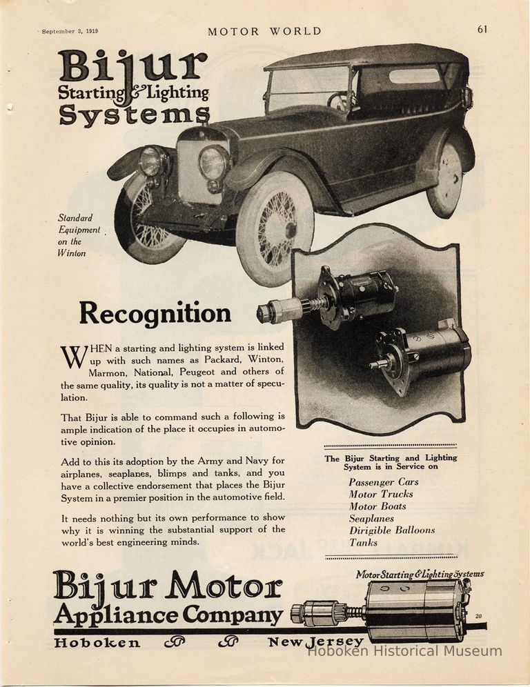 Bijur ad, Motor World, Sept. 3, 1919