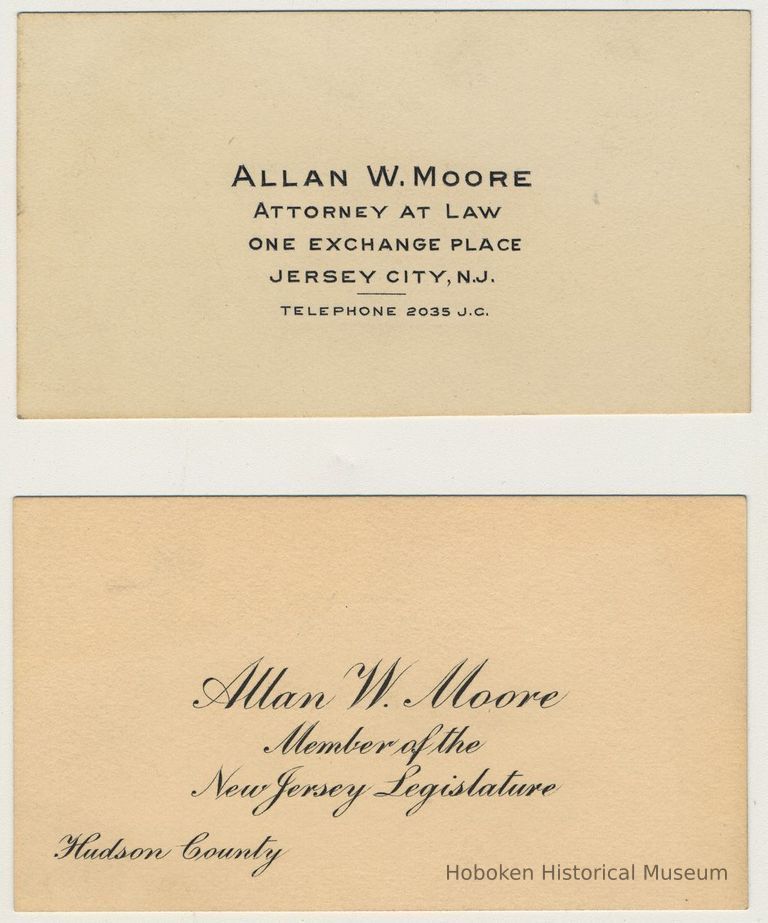 Calling cards, 2, of Allan W. Moore (1889?-1919); resident at 1227 Garden St., Hoboken. picture number 1